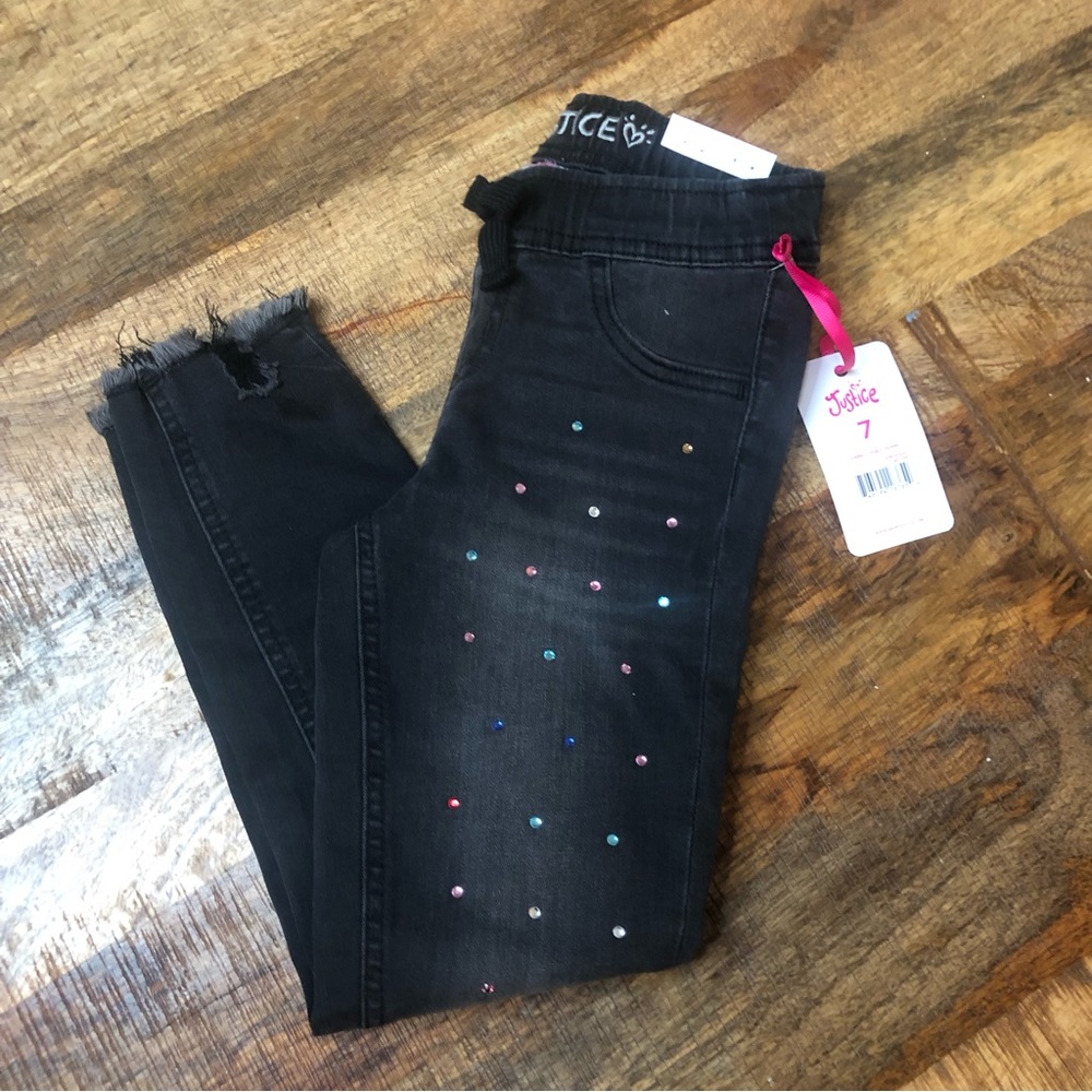 Justice Black Jeweled Frayed Jeggings Size 7